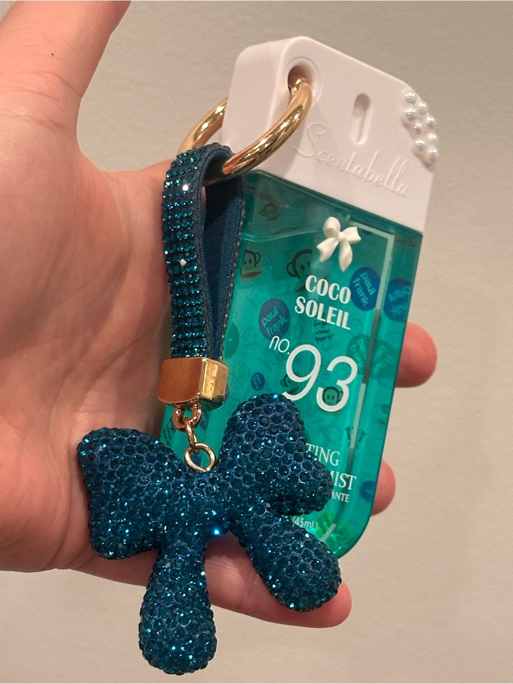 Paul Frank Coco Soleil 93 Handmade Rhinestone Bow Bag Charm Mist Pearl Bow Luxe
